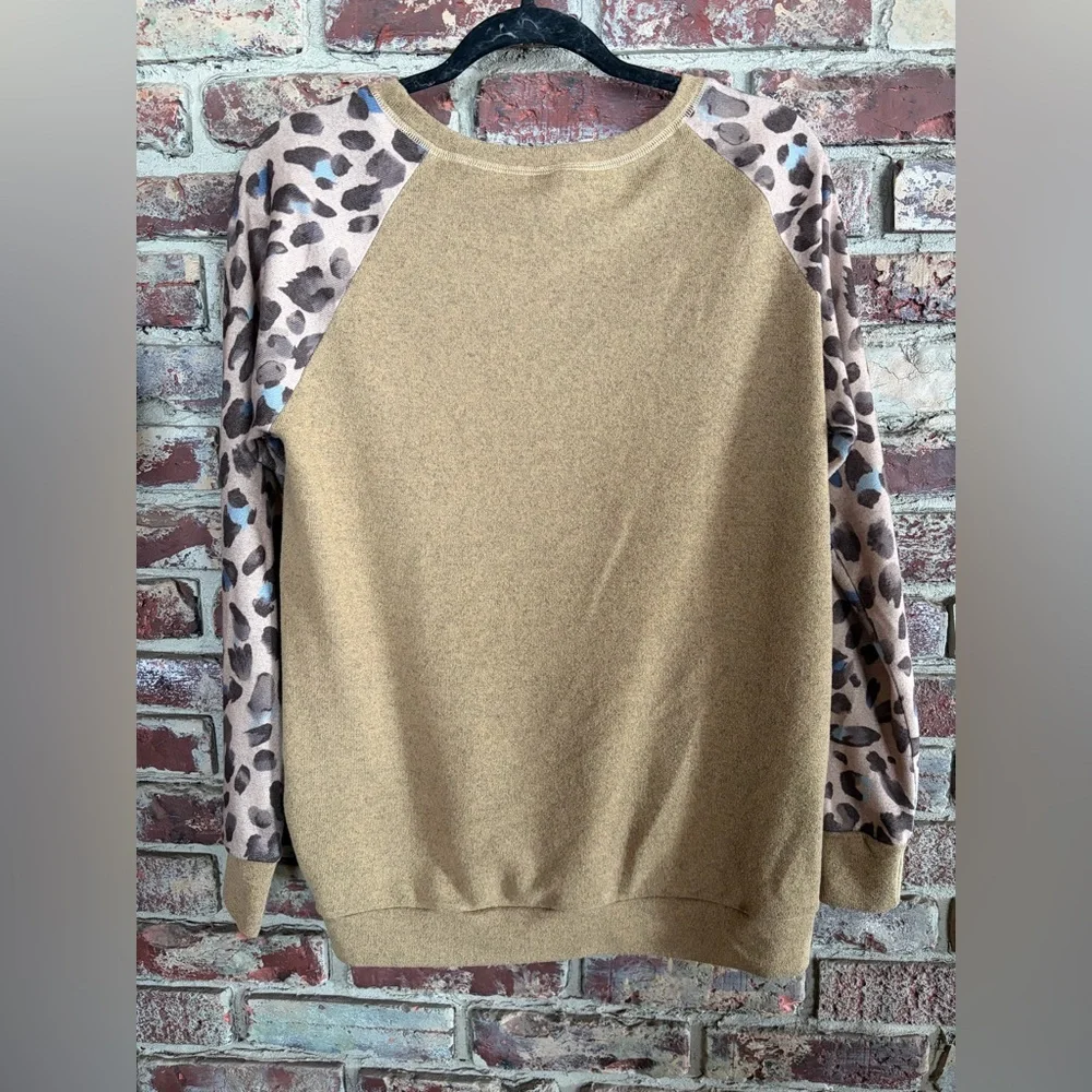 Leopard Sleeve Pullover Sweater • Tan Knit Top • Cozy Raglan Long Sleeve - Picture 2 of 2